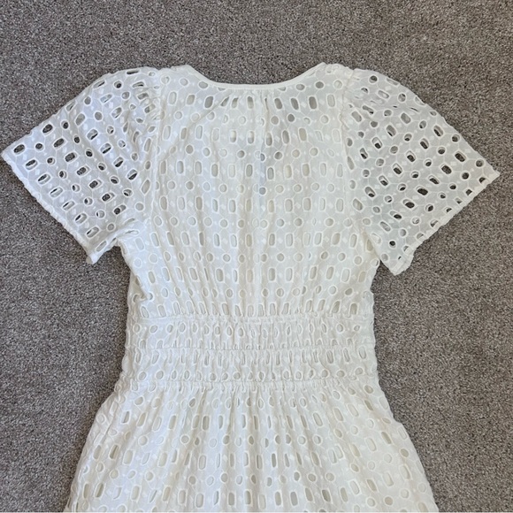 Anthropologie Maeve White Eyelet Puff Sleeve Smocked Waist Mini Dress Size 0 - Picture 15 of 15